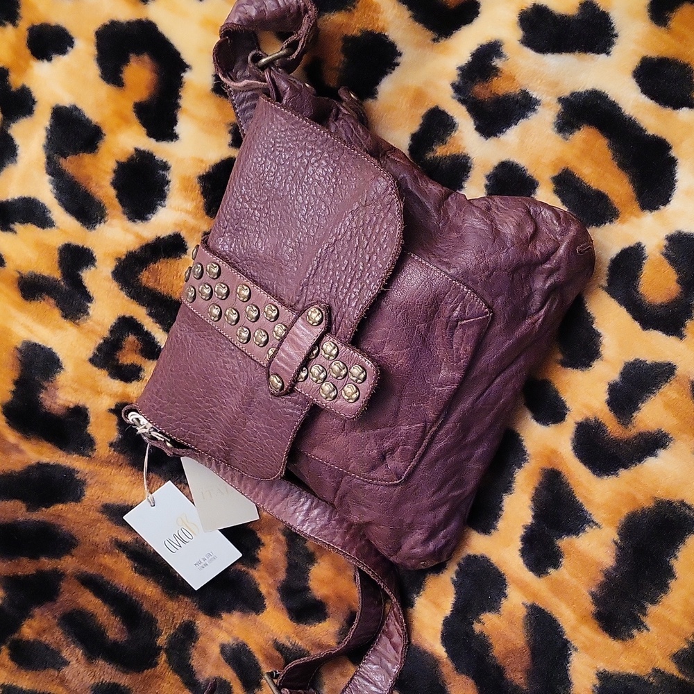 Civico 93 leather crossbody bag with studs, Italy ,Nwt